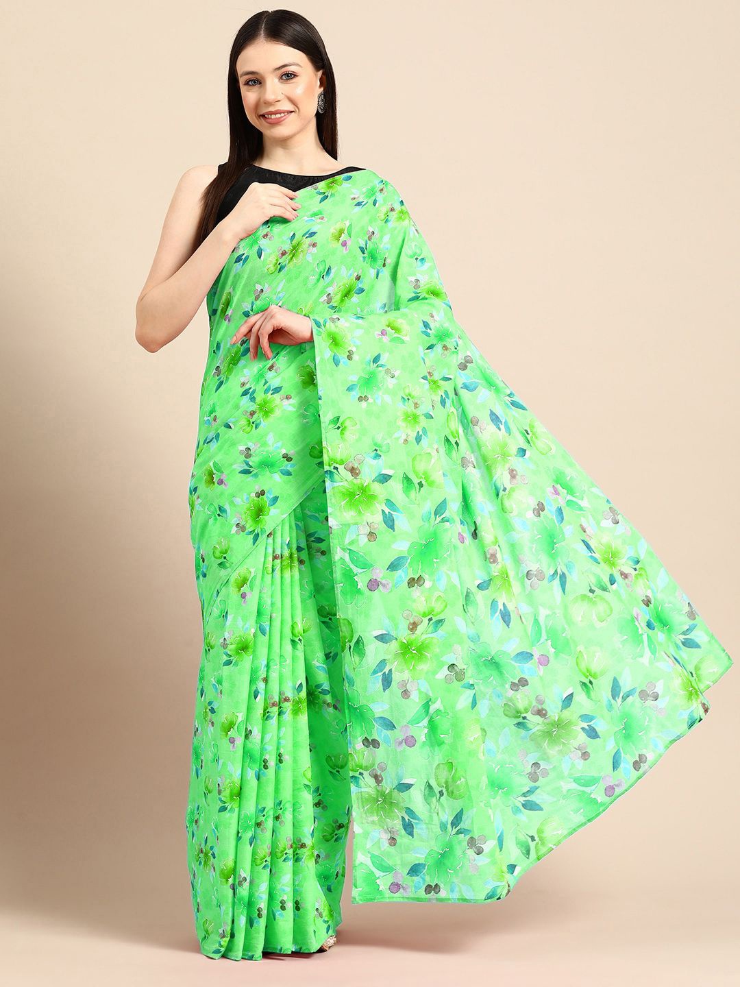 

BUTA BUTI Floral Pure Cotton Saree, Green