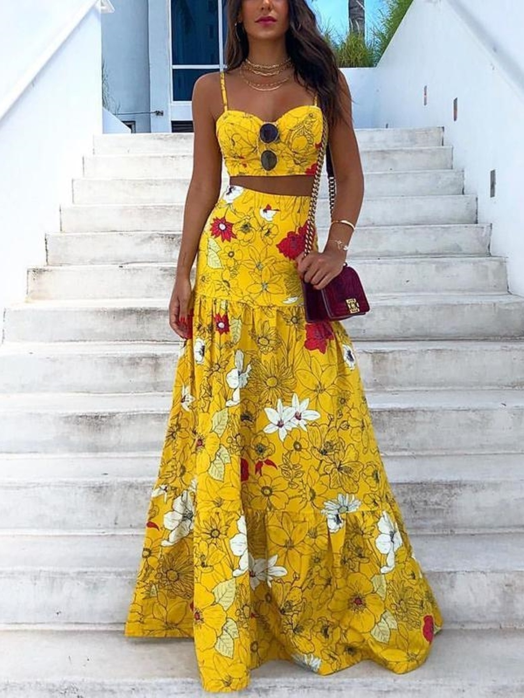 

KPOP Printed Top With Skirt Co-Ords, Yellow