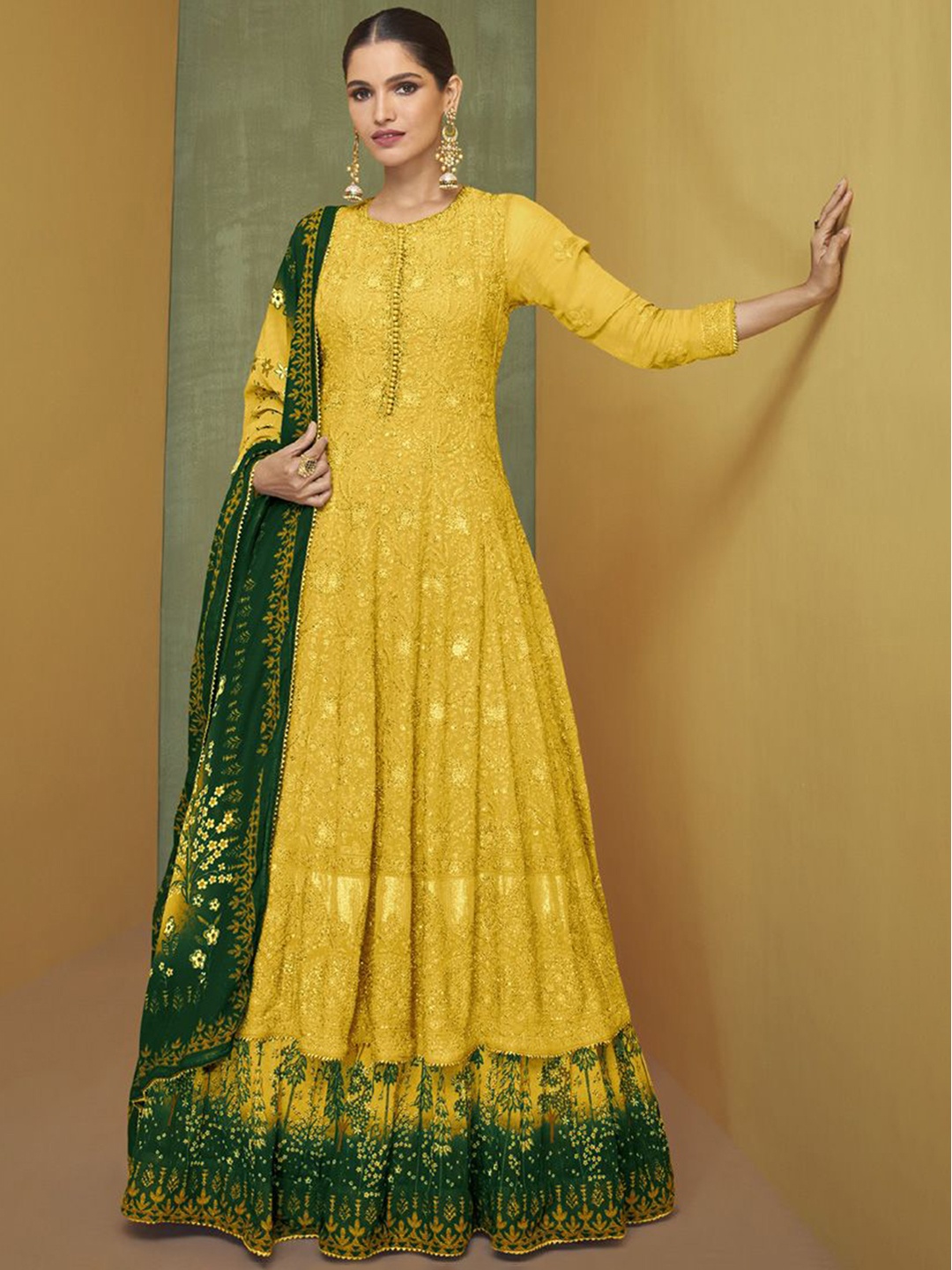 

ASISA Floral Embroidered Thread Work Semi-Stitched Dress Material, Yellow