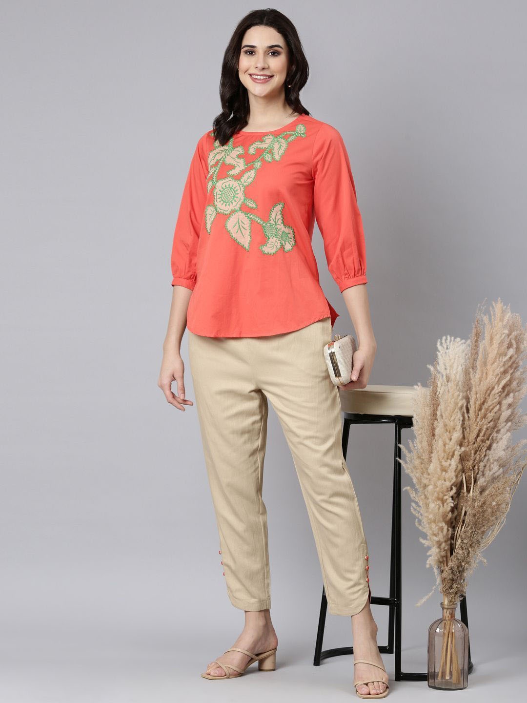 

Zolo Label Floral Embroidered Round Neck Top With Trousers, Orange