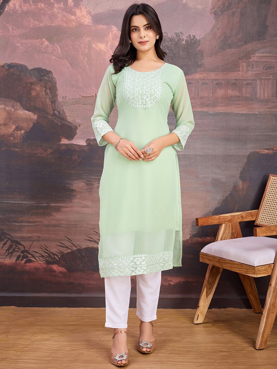 

House of Pataudi Floral Embroidered Straight Kurta, Olive