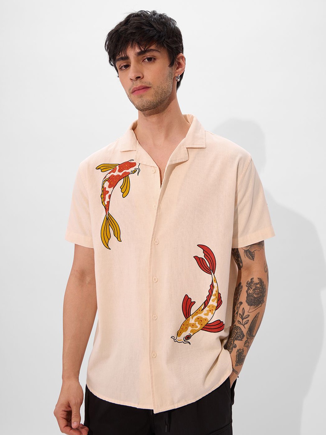 

The Souled Store Men Cuban Collar Animal Printed Cotton Linen Casual Shirt, Peach