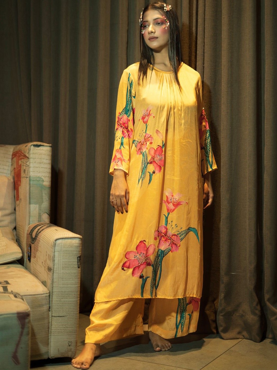 

AUTUMN LANE Ethnic Motifs Printed Pure Cotton Kurta With Palazzos, Yellow