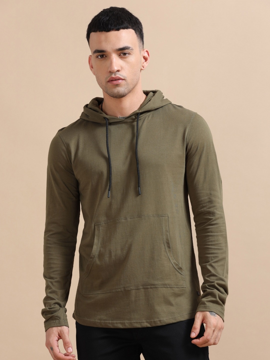 

Bushirt Men Solid Hooded Pure Cotton Sweatshirt, Green