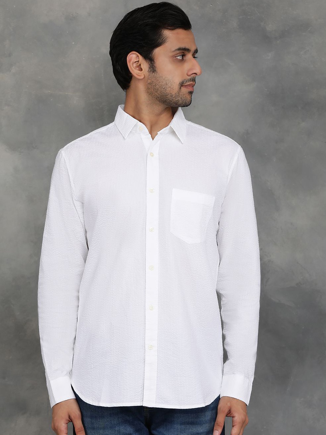 

JADE BLUE Men Spread Collar Solid Cotton Slim Fit Casual Shirt, White