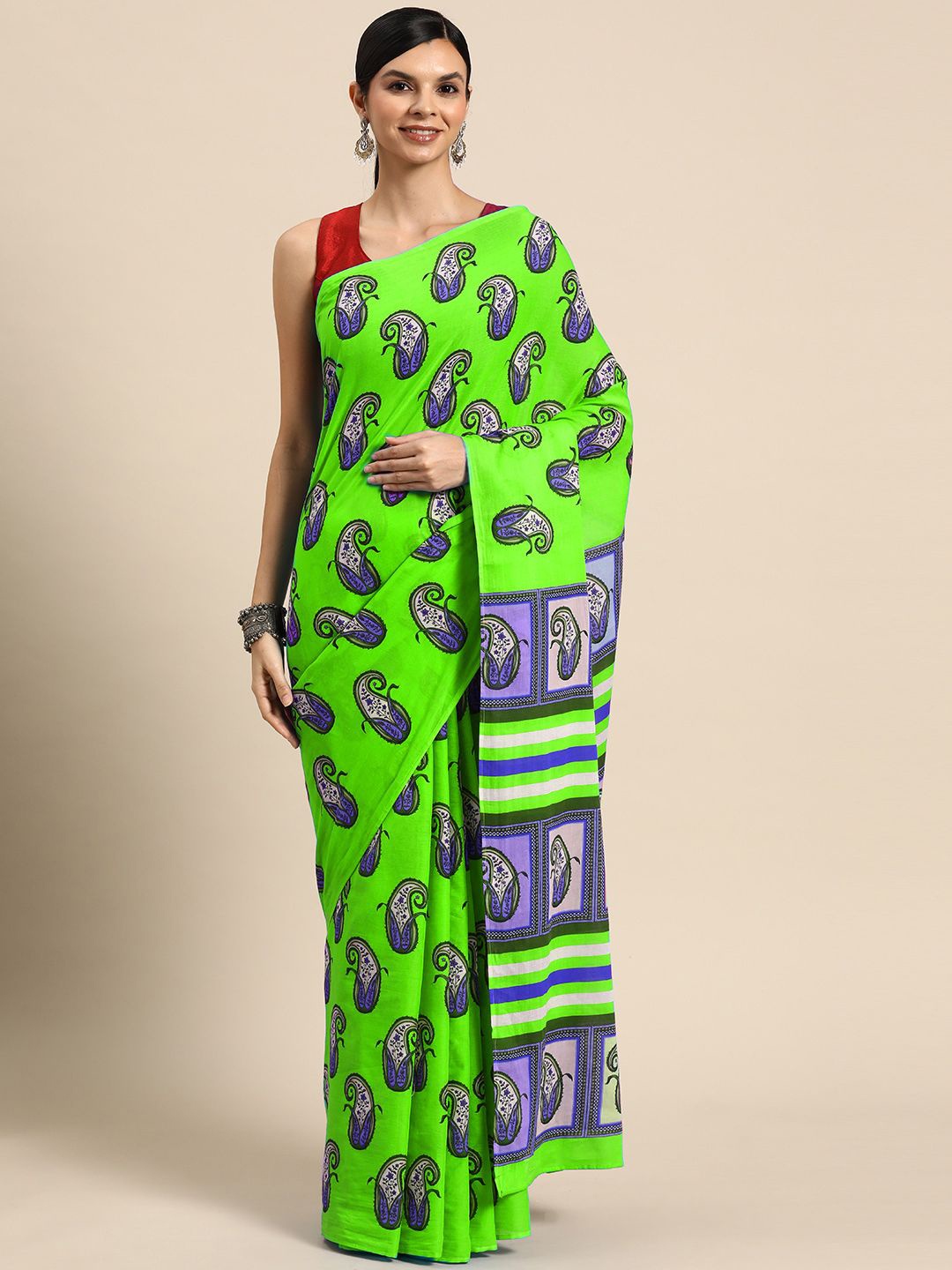 

BUTA BUTI Paisley Printed Pure Cotton Saree, Green