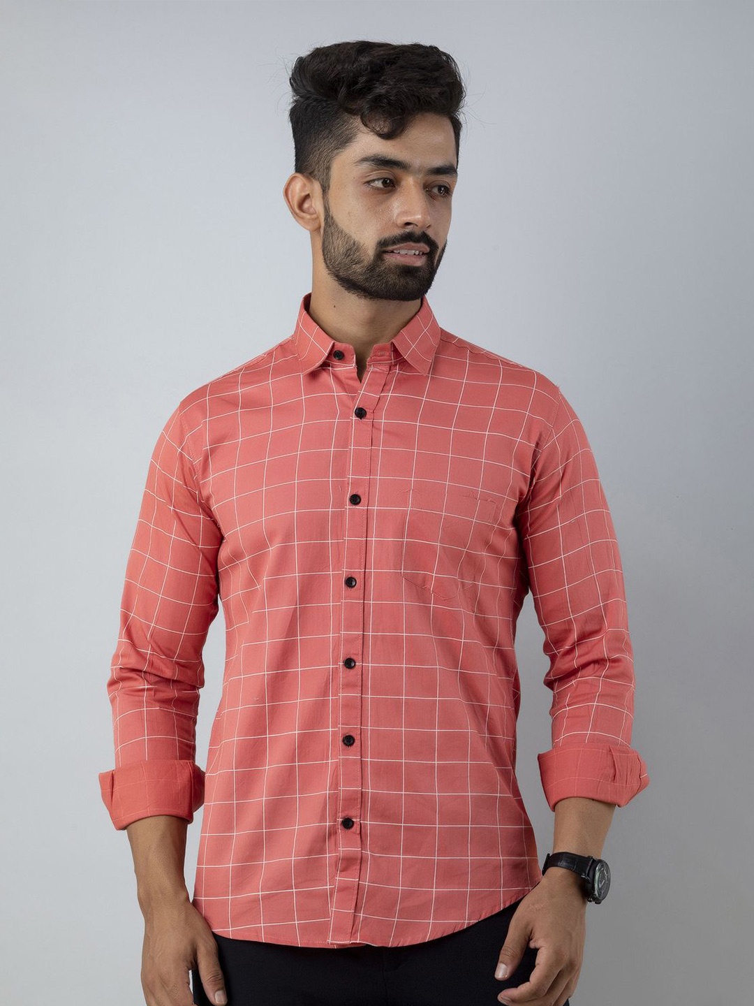 

Vcom Men Classic Spread Collar Windowpane Checked Cotton Slim Fit Casual Shirt, Pink