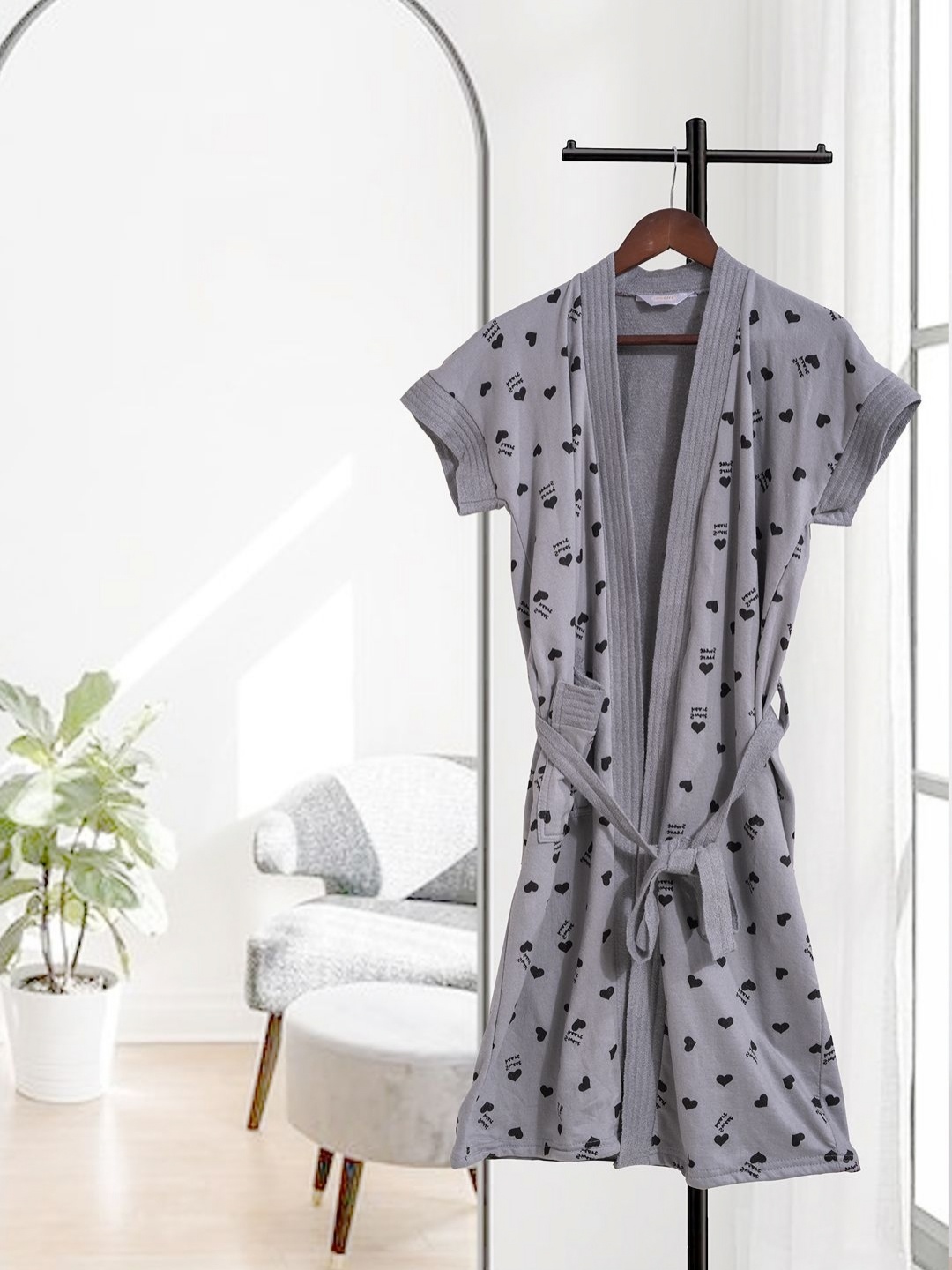 

HotGown Women Printed Bath Robe With Belt, Grey