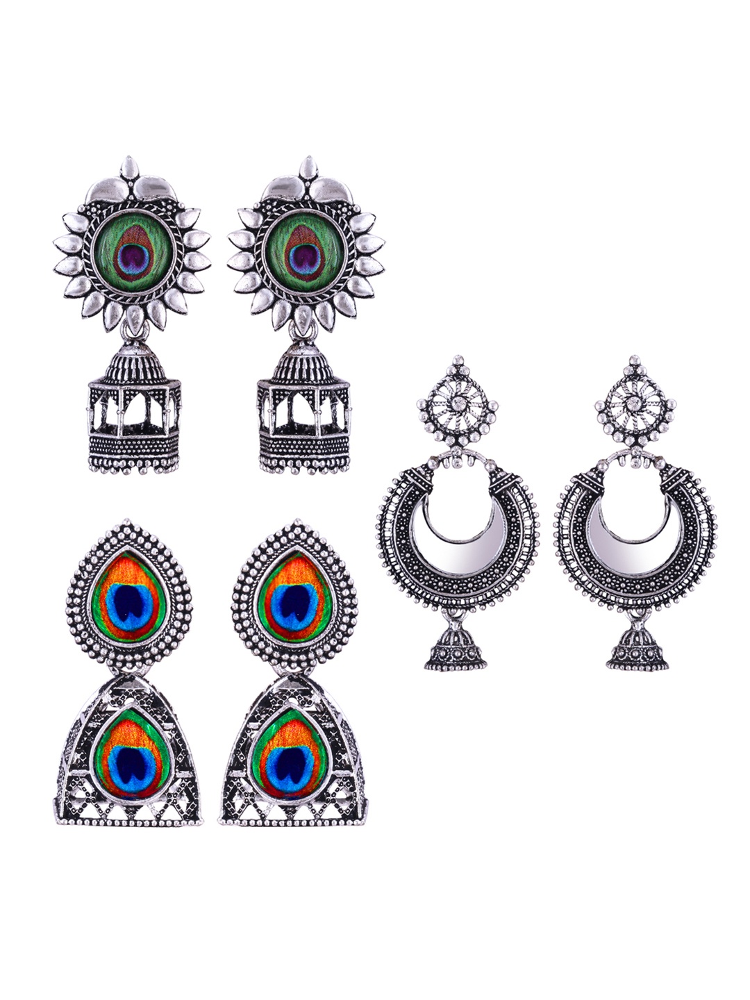 

DIVASTRI Set Of 3 Silver-Plated Oxidised Dome Shaped Jhumkas