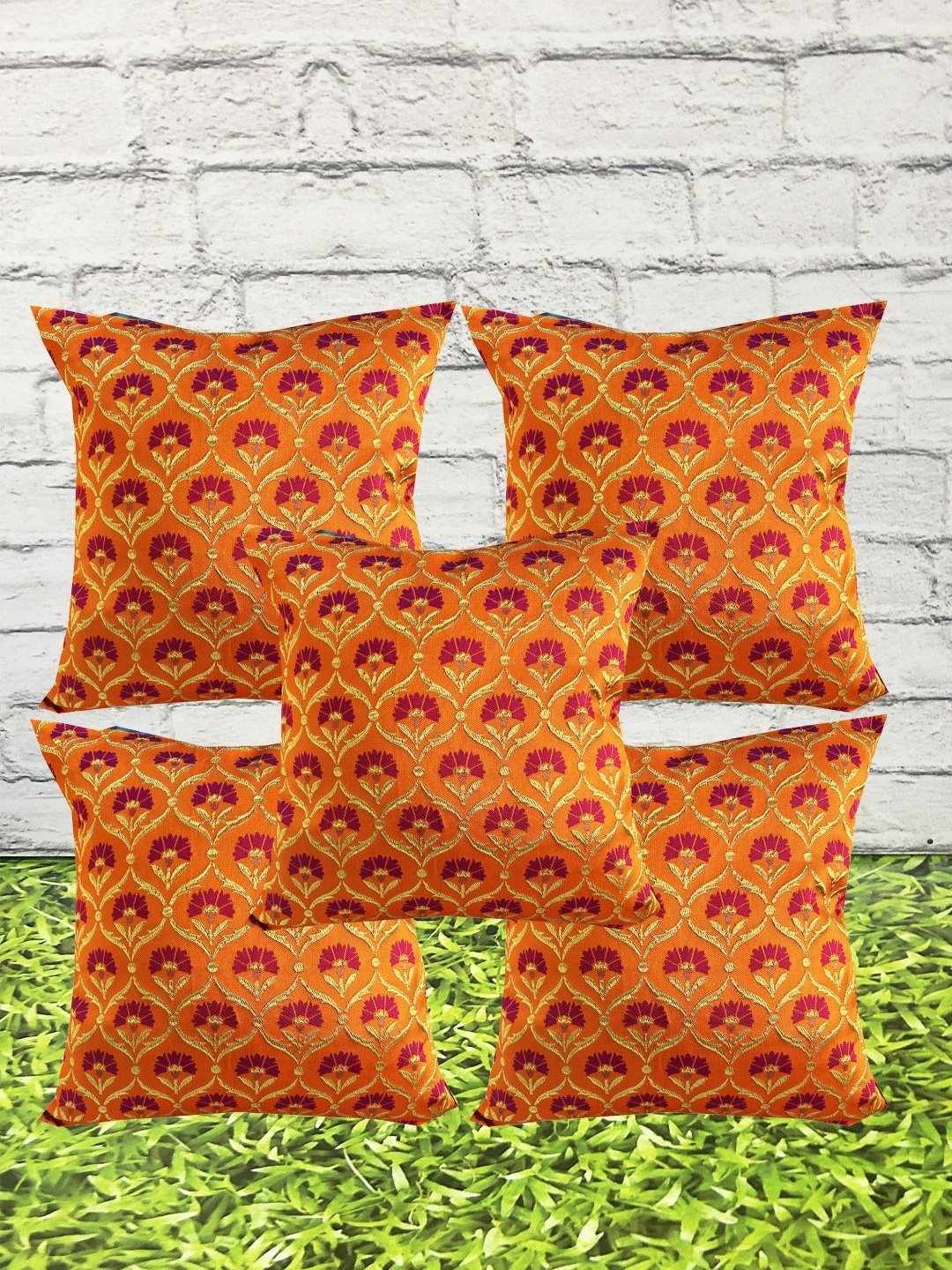 

Pink Parrot Orange & Gold-Toned Set of 5 Ethnic Motifs Square Cushion Covers