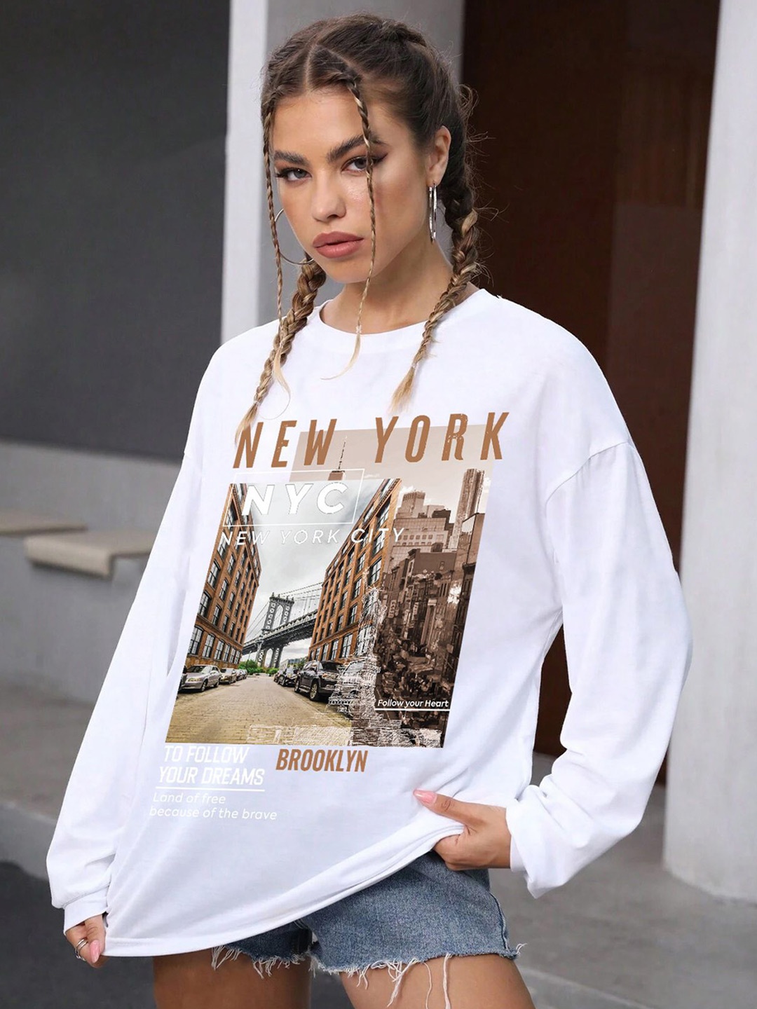 

CHKOKKO Women Graphic Printed Round Neck Oversized T-shirt, White