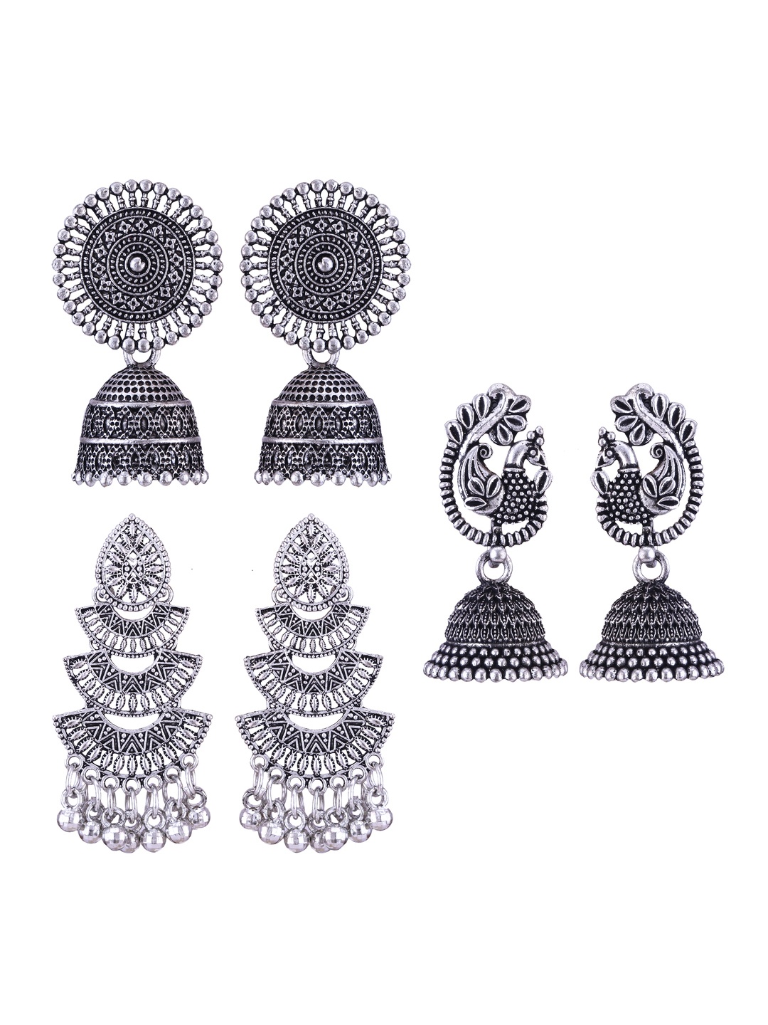 

DIVASTRI Set of 3 Silver Plated Oxidised Jhumkas & Drop Earrings