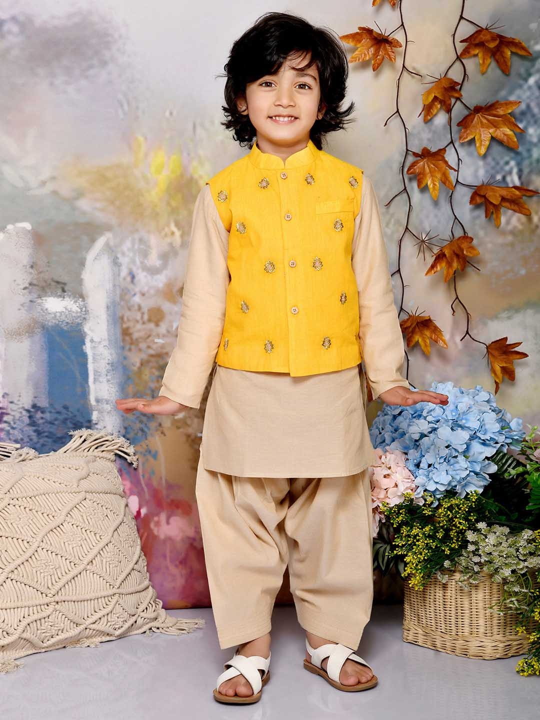 

MUDKID Boys Regular Pure Cotton Kurta with Dhoti Pants & Embroidered Nehru Jacket, Beige