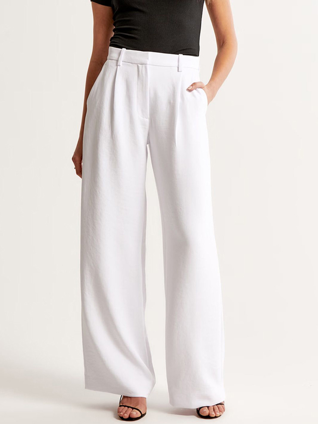 

FNOCKS Women Tailored Straight Fit High-Rise Stain Resistant Wide Leg Trousers, White