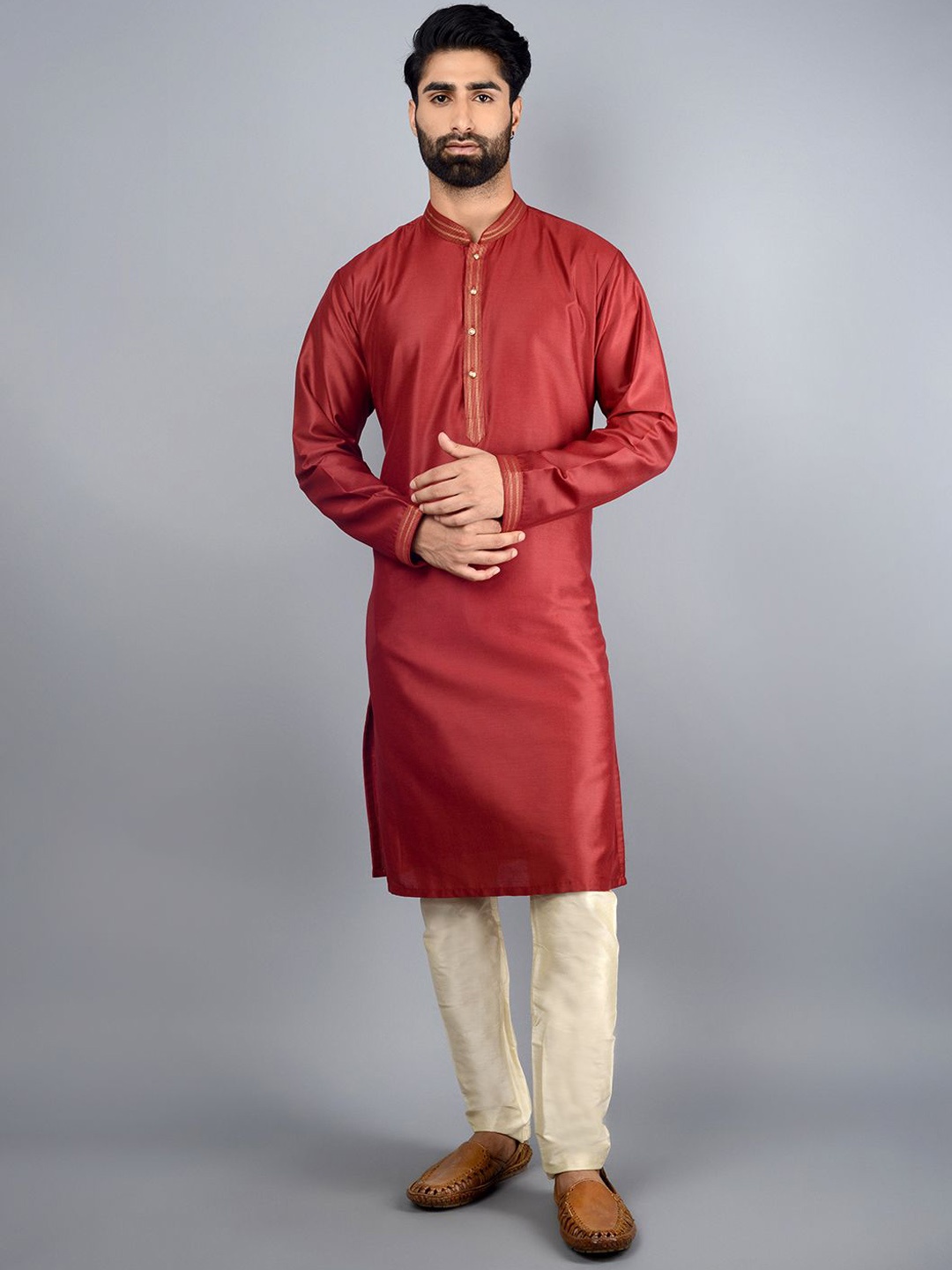 

azania Mandarin Collar Straight Kurta With Churidar, Maroon