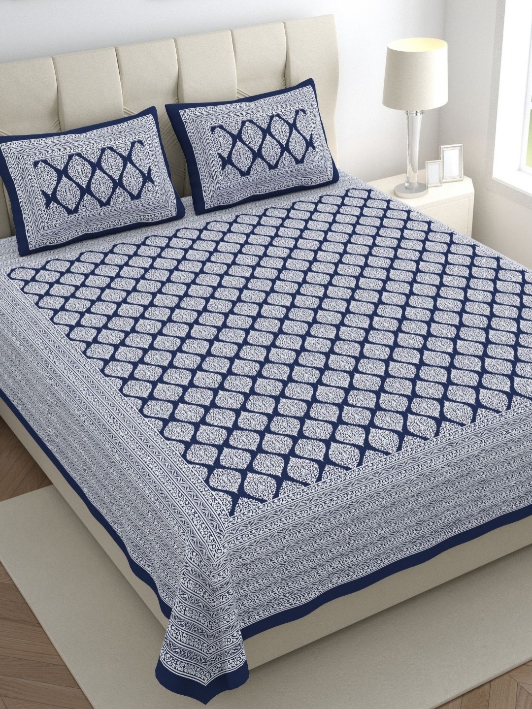 

The Craft Monk Blue & White Ethnic Cotton 300 TC Super King Bedsheet & 2 Pillow Covers