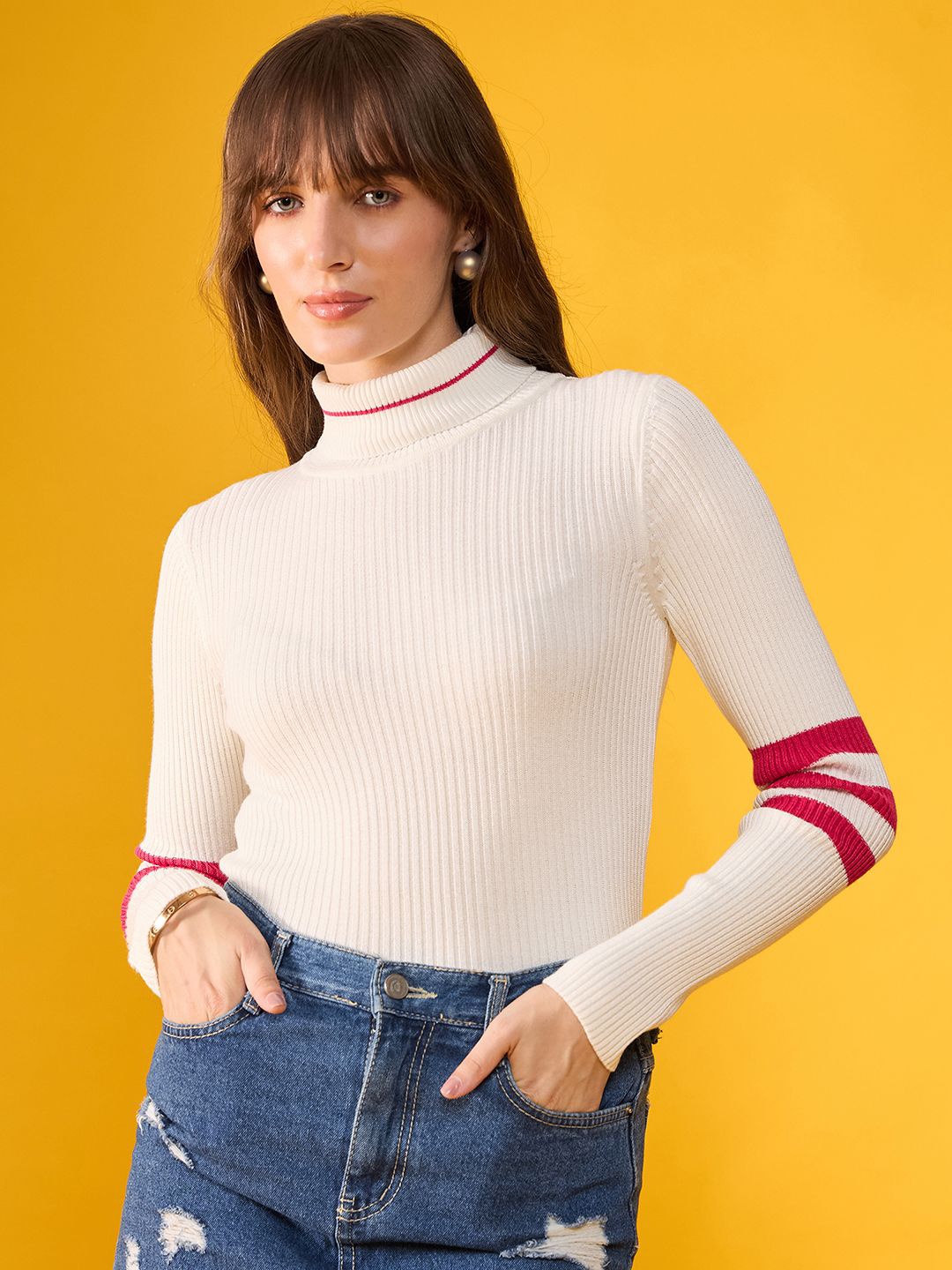 

98 Degree North Women Self Design Ribbed Pullover, White