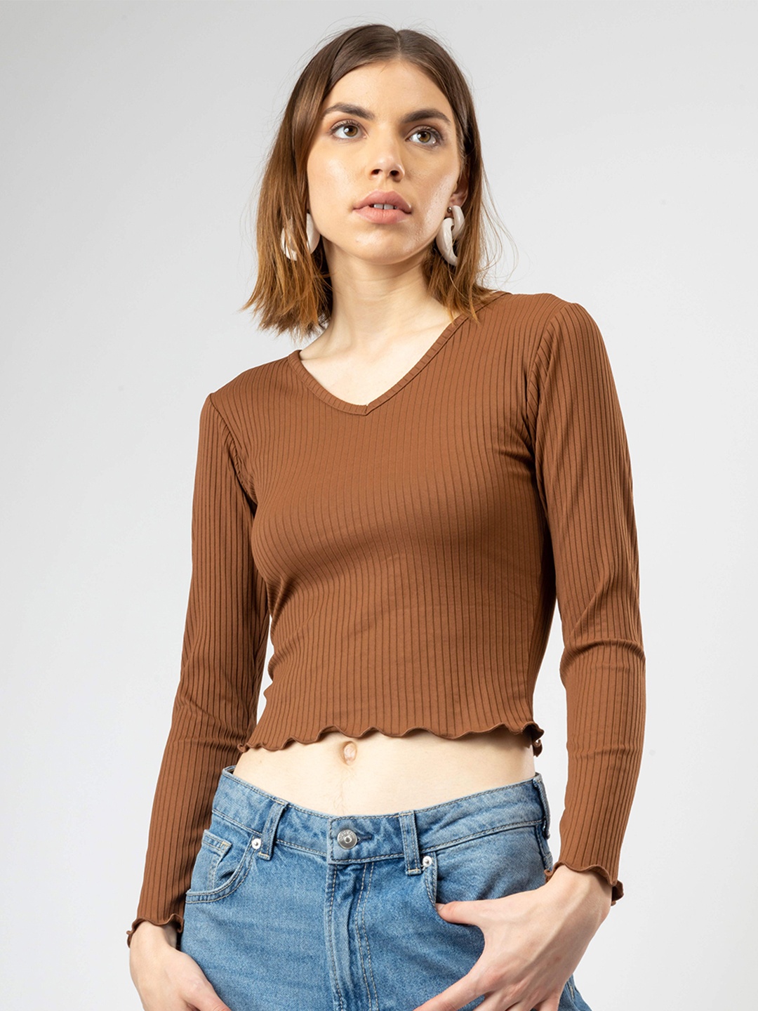 

Redamancii Women Solid V-Neck Polycotton Top, Coffee brown