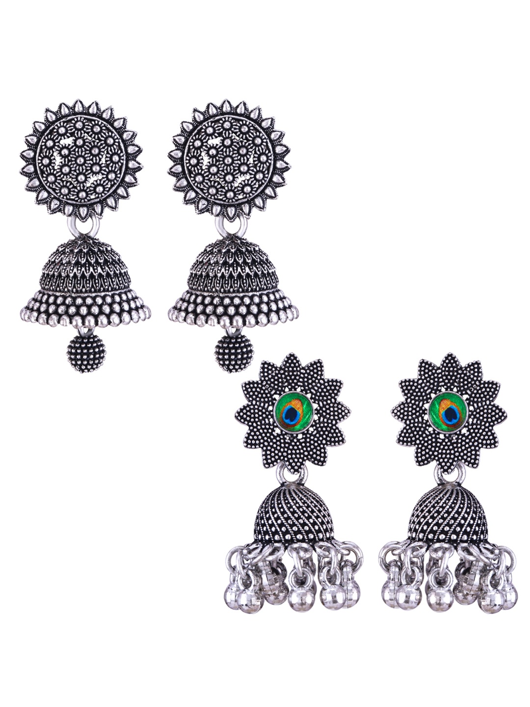 

DIVASTRI Set Of 2 Silver-Plated Peacock Shaped Oxidised Jhumkas