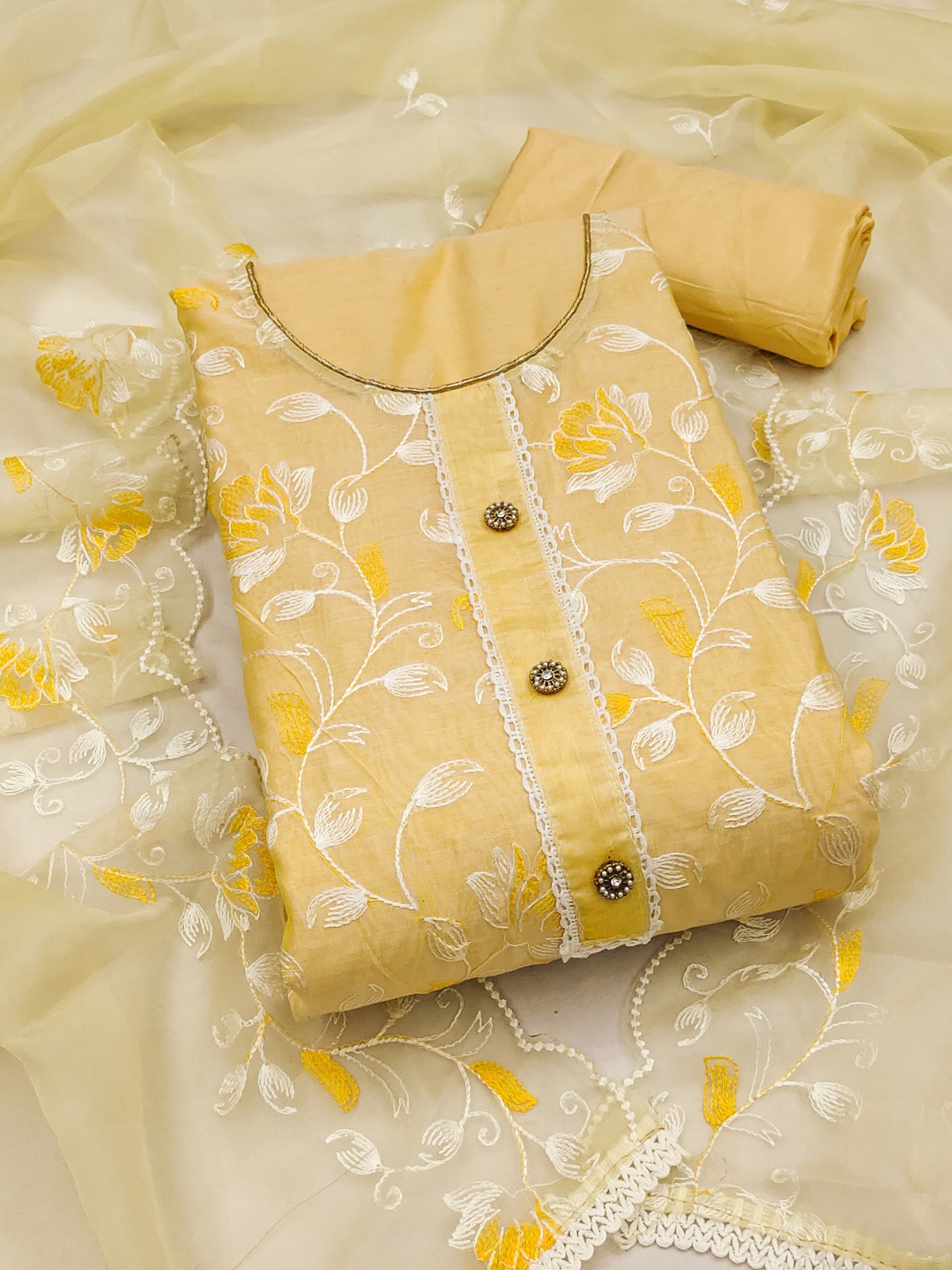 

KIMISHA Floral Embroidered Unstitched Dress Material, Yellow