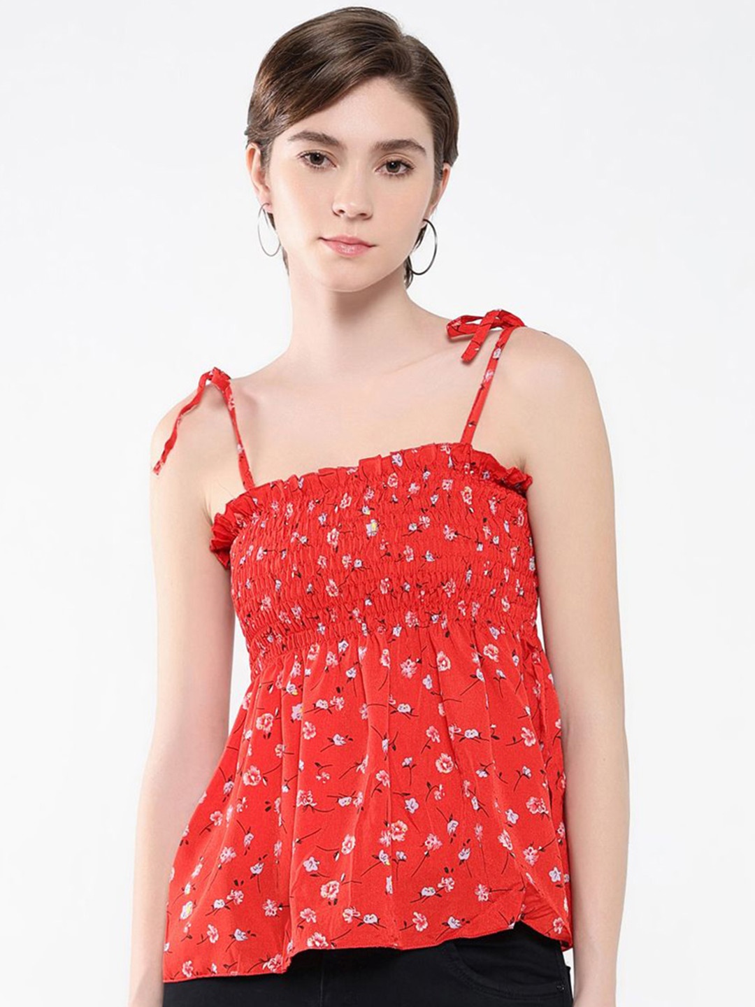 

SHOWOFF Floral Print Crepe Peplum Top, Red