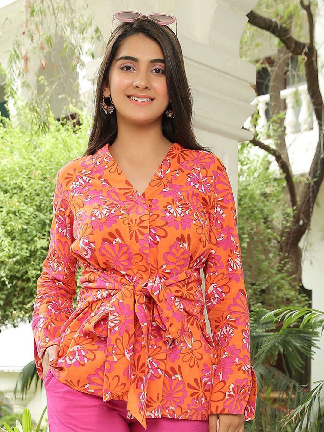 

KAORI BY SHREYA AGARWAL Women Floral Printed V-Neck Cotton Top, Orange