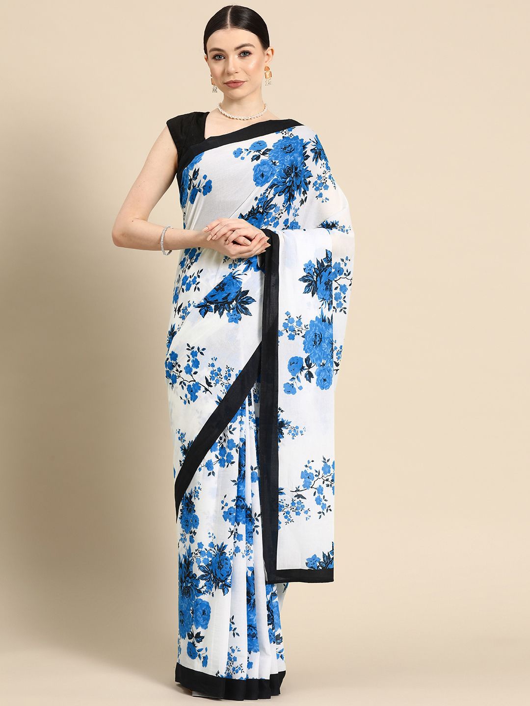 

BUTA BUTI Floral Printed Pure Cotton Saree, White