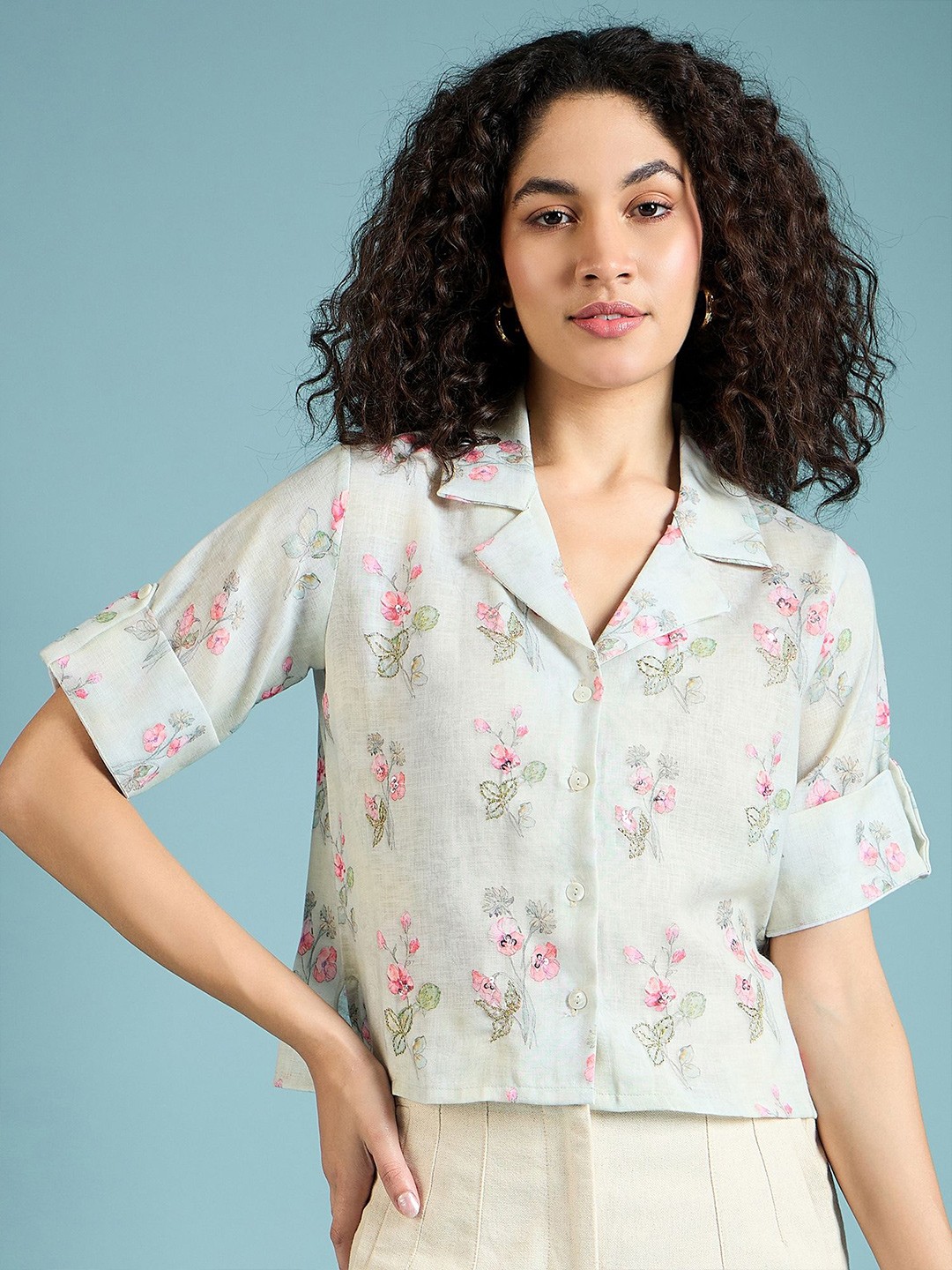 

DressBerry Women Modern Cuban Collar Floral Printed Cotton Casual Shirt, Beige