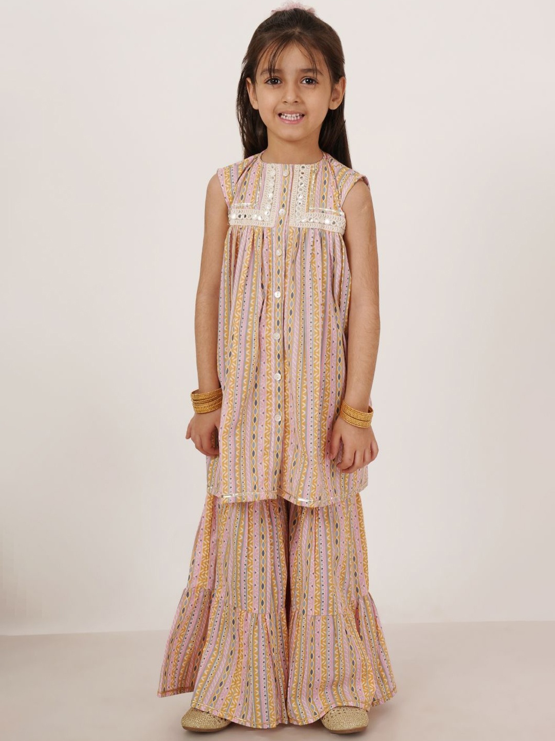 

COTLAND FASHION Girls Geometric Embroidered Mirror Work Pure Cotton A-Line Kurta & Sharara, Pink