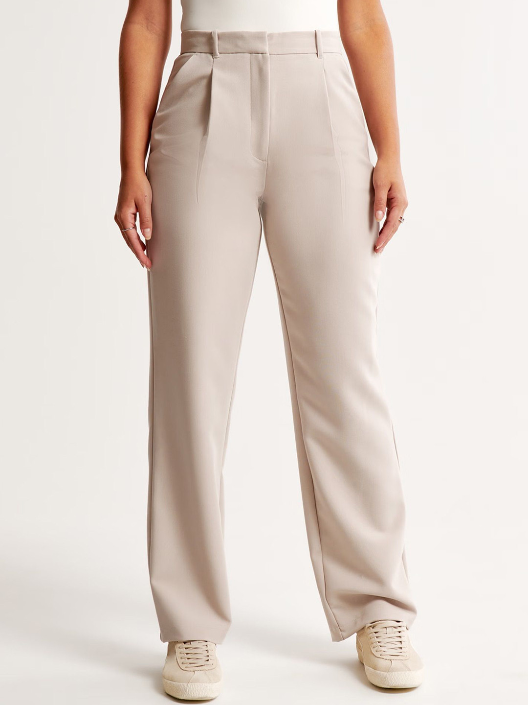 

FNOCKS Women Smart Straight Fit High-Rise Pleated Parallel Trousers, Cream