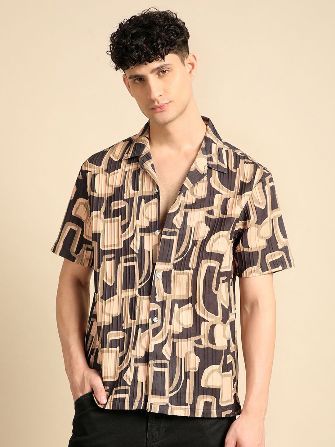 

Voroxy Men Smart Cuban Collar Abstract Printed Polycotton Casual Shirt, Beige