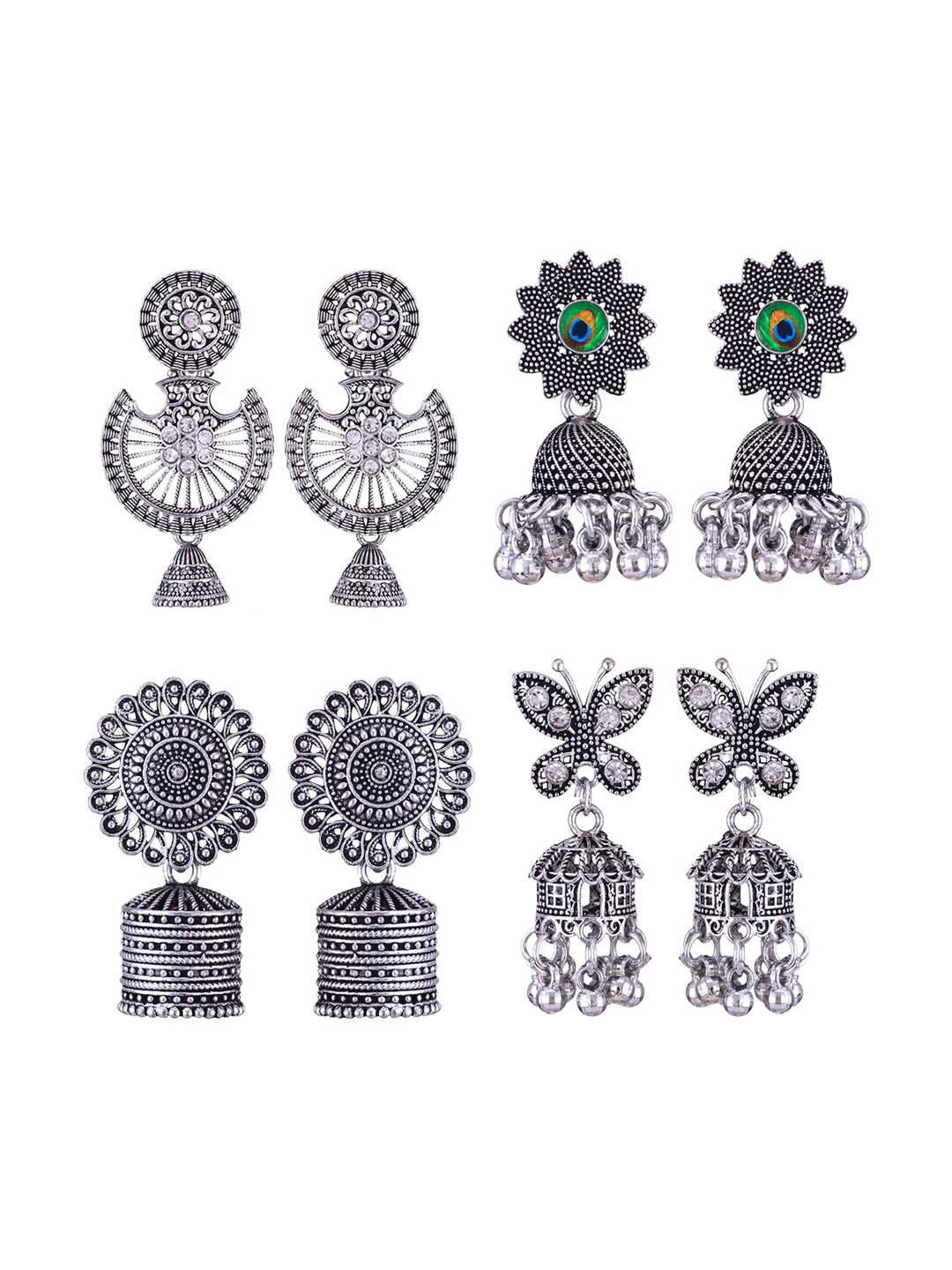 

DIVASTRI Peacock Shaped Jhumkas Earrings, Silver