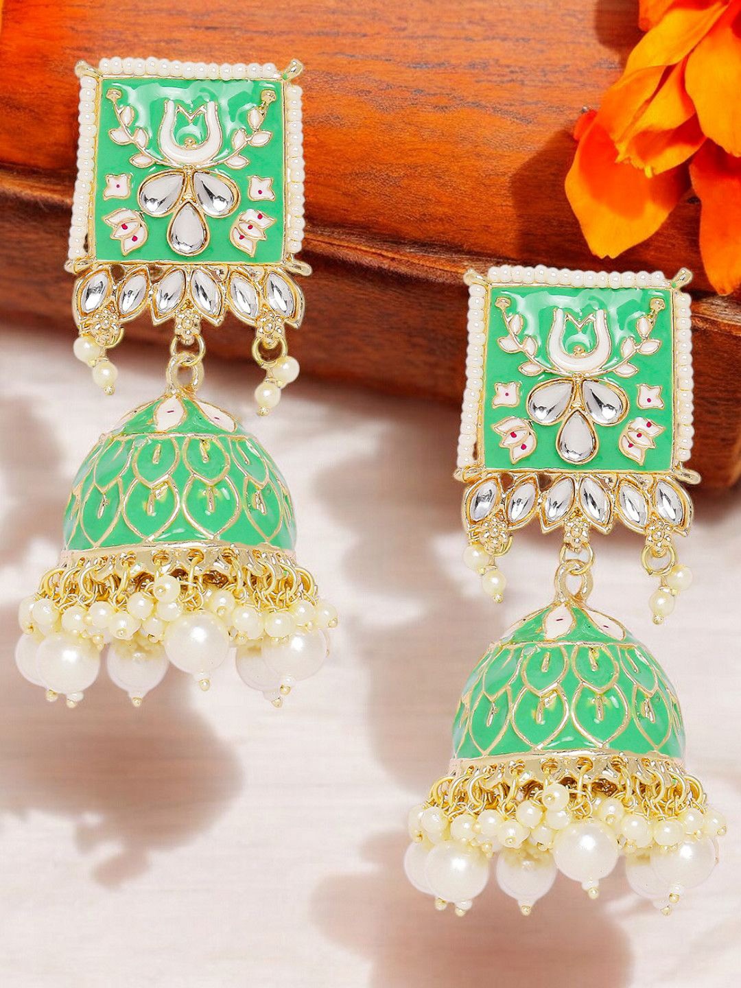 

OOMPH Meenakari Kundan Studded & Beaded Dome Shaped Jhumkas, Gold