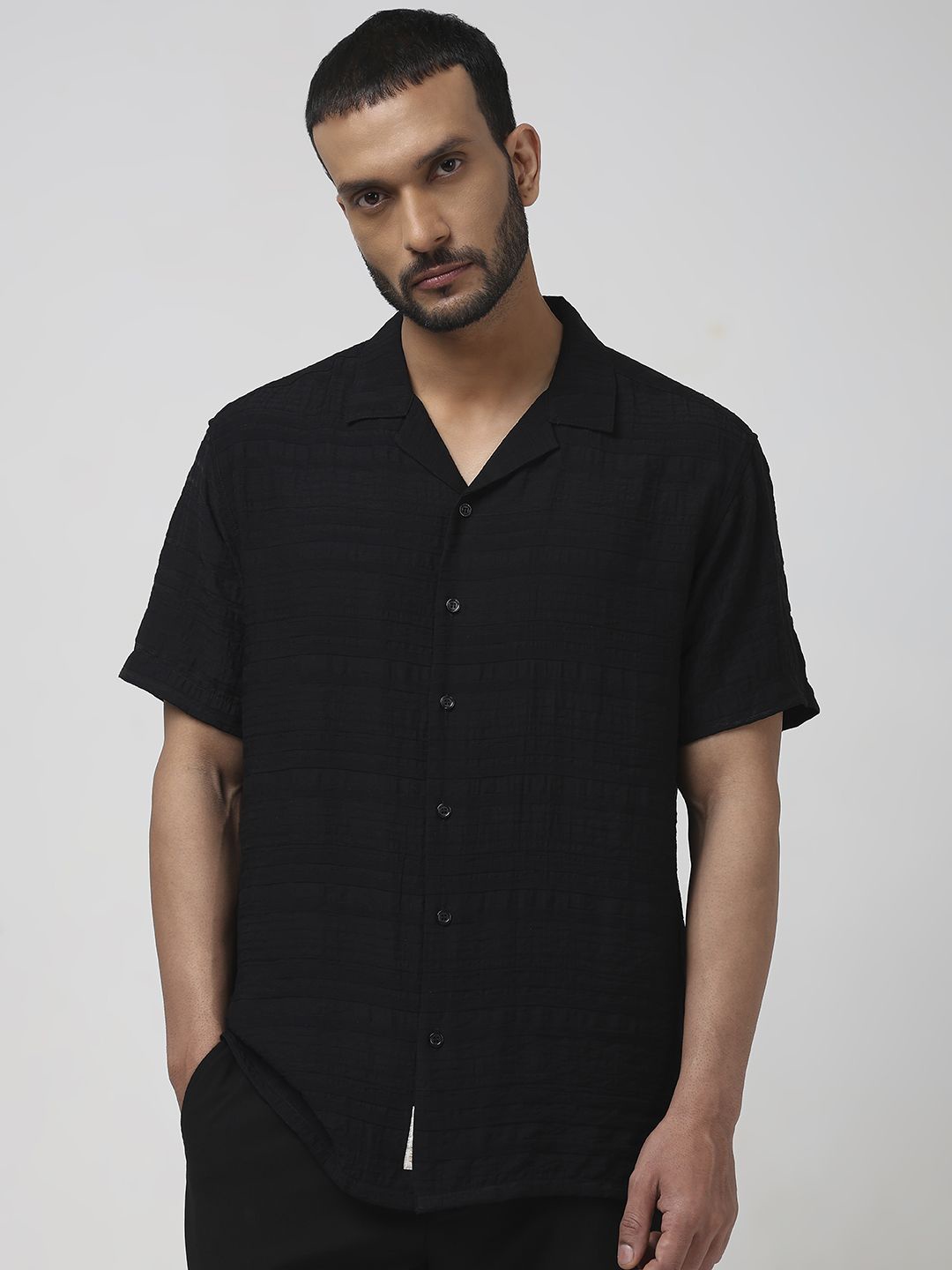 

Mufti Men Cuban Collar Textured Relaxed Fit Casual Shirt, Black