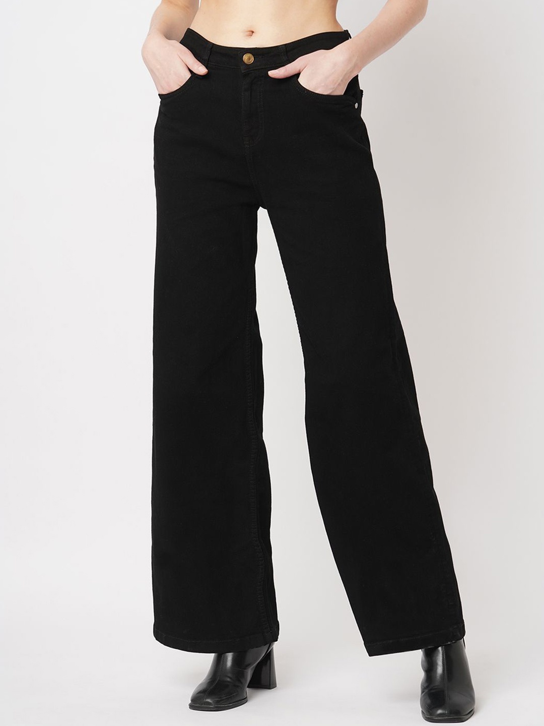 

GUTI Women Wide Leg High-Rise Stretchable Jeans, Black