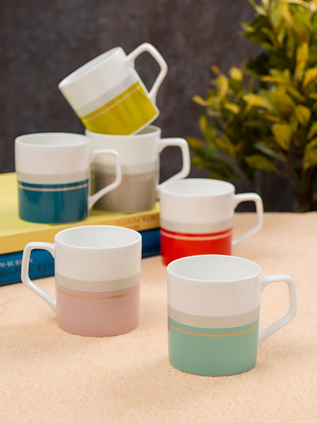 

JCPL Green & Yellow 6 Pieces Ceramic Glossy Cups 215ml