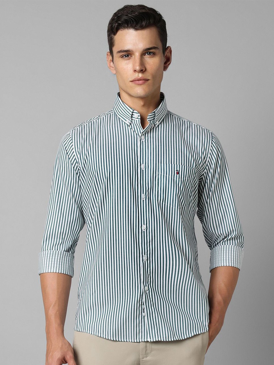 

Louis Philippe Sport Men Button-Down Collar Vertical Striped Cotton Slim Fit Casual Shirt, Green