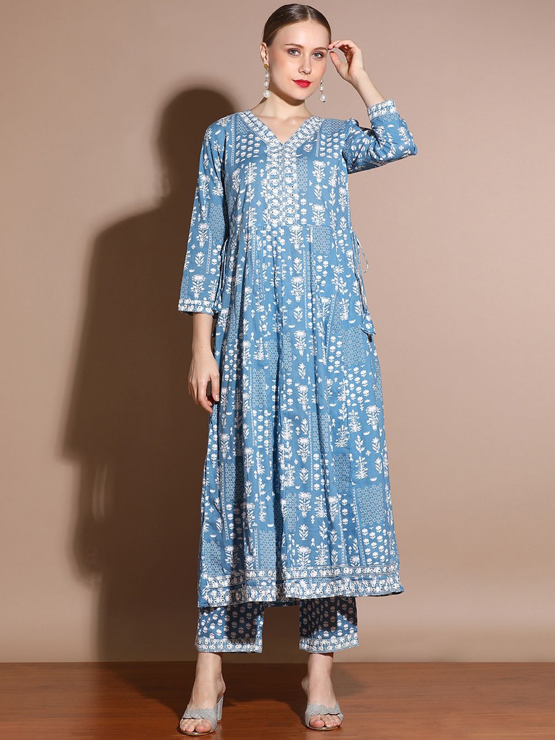 

Anouk Blue Ethnic Motifs Embroidered Mirror Work Pure Cotton Anarkali Kurta & Trouser