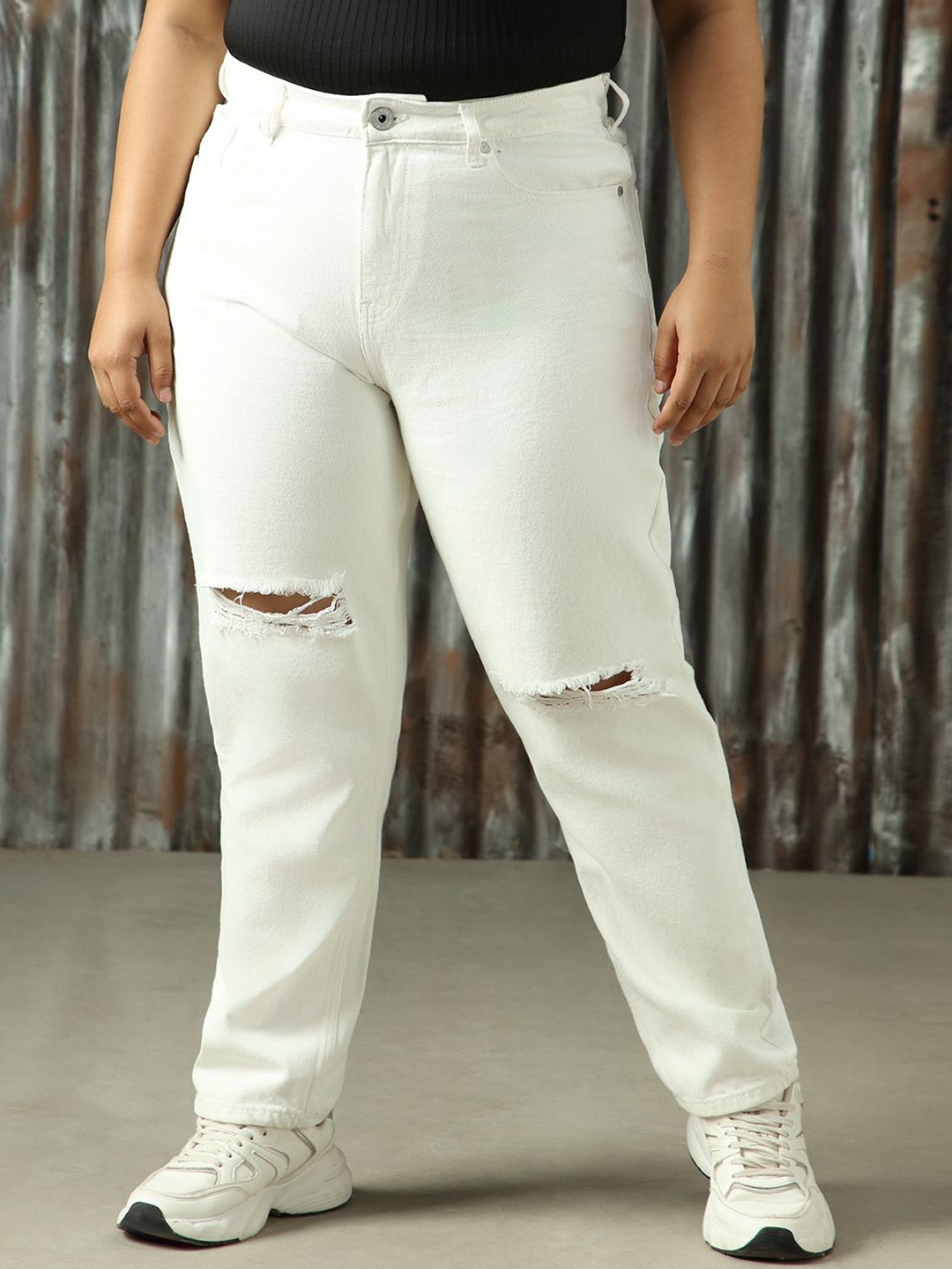 

Freeform By High Star Women High-Rise Mom Fit Heavy Distress Jeans, Off white
