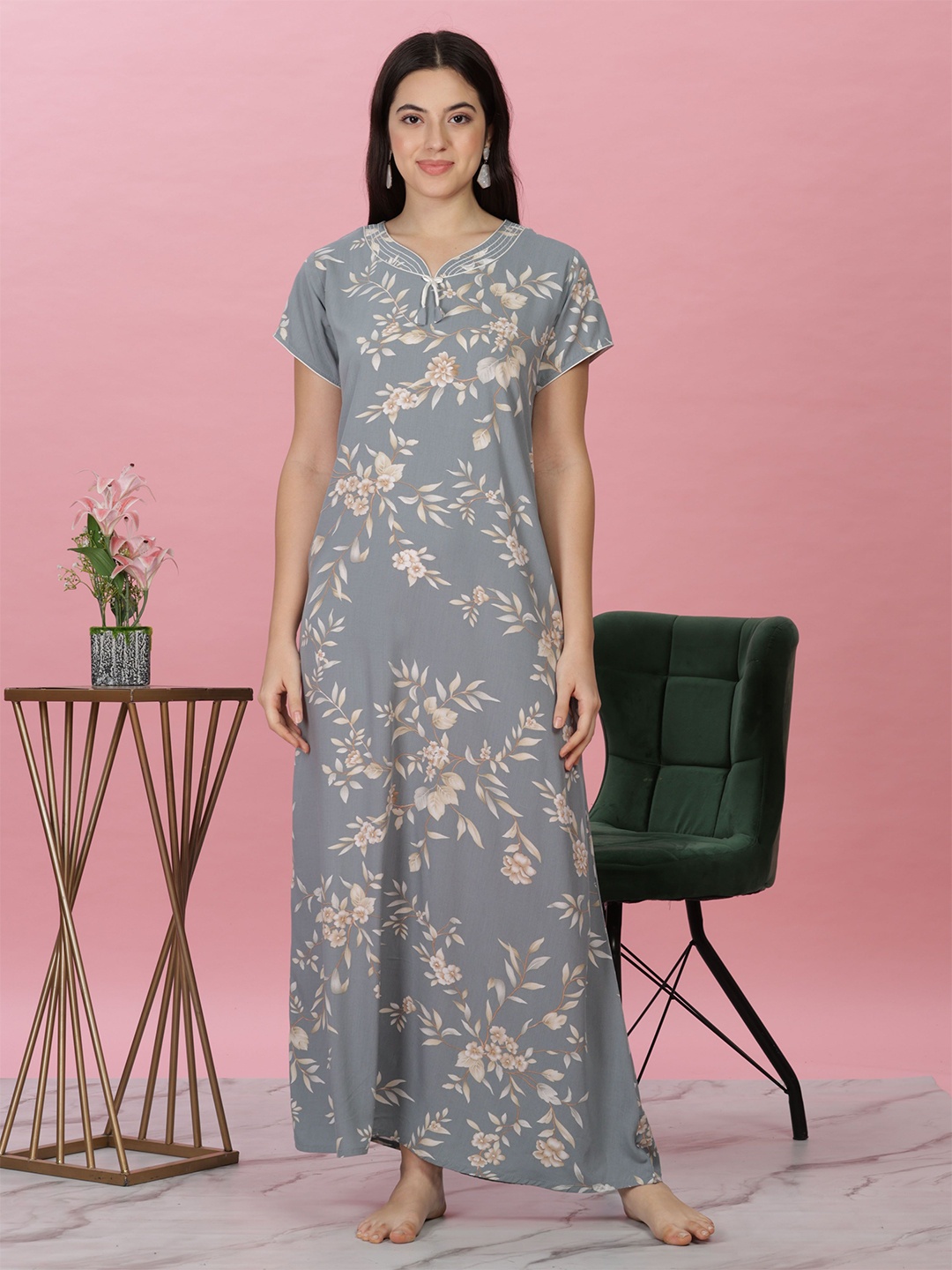 

9shines Label Floral Printed Maxi Nightdress, Grey