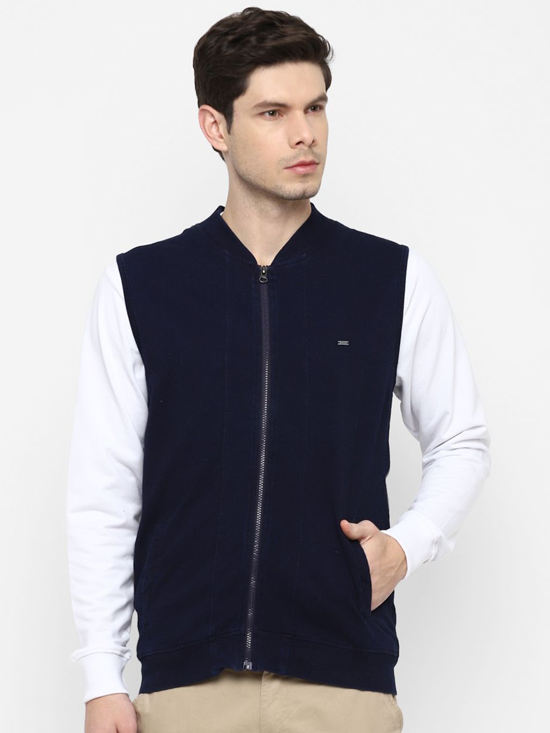 

Turtle Men Solid Mock Collar Cotton Front-Open Sweatshirt, Navy blue