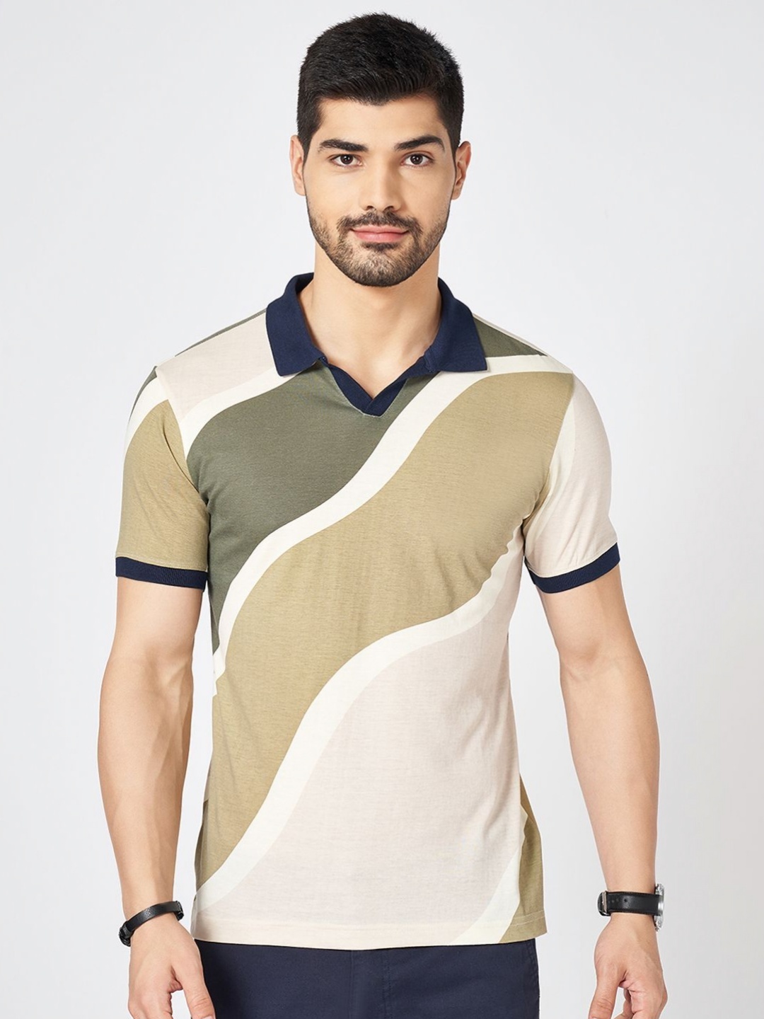 

BYFORD by Pantaloons Men Colourblocked Polo Collar Cotton Slim Fit T-shirt, Olive