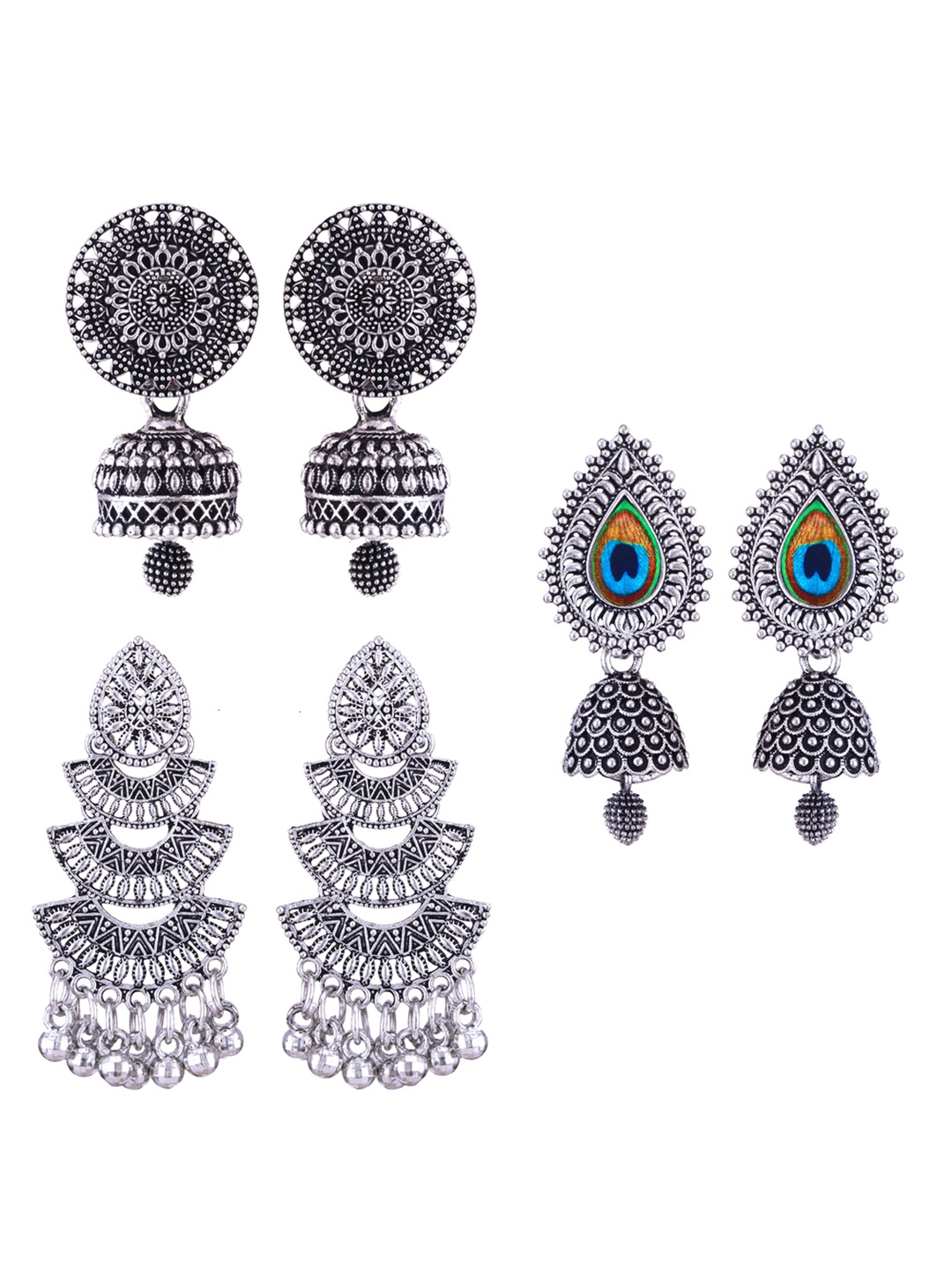 

DIVASTRI Set of 3 Silver Plated Oxidised Dome Shape Jhumkas