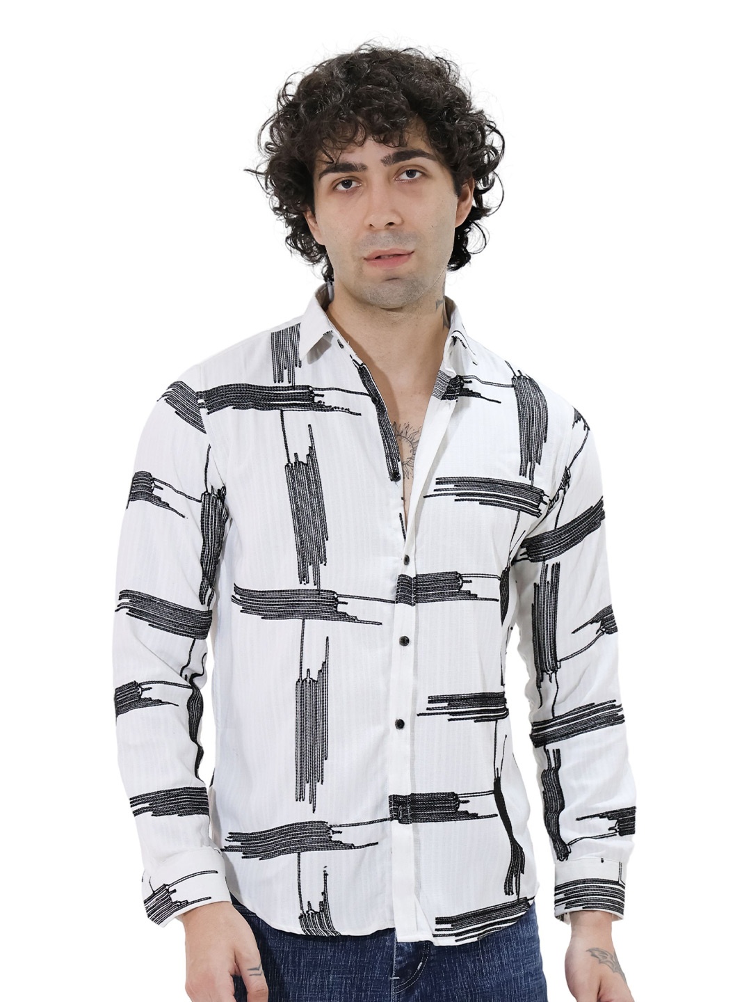 

BOTABOCHI Men Classic Spread Collar Abstract Printed Linen Slim Fit Party Shirt, White