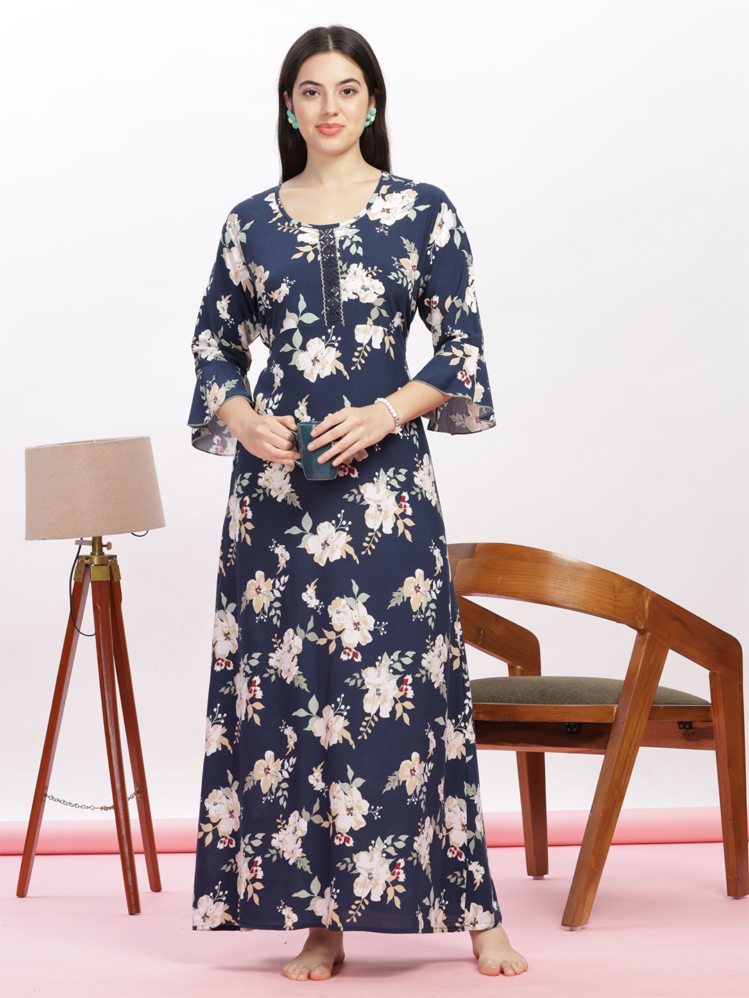 

9shines Label Floral Printed Maxi Nightdress, Navy blue