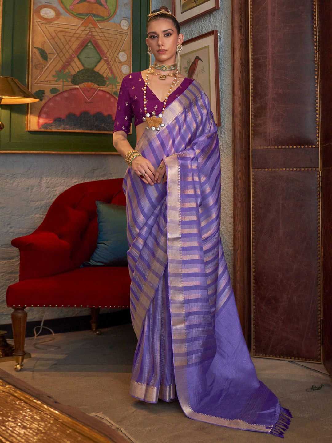 

Mitera Striped Woven Design Banarasi Saree, Lavender