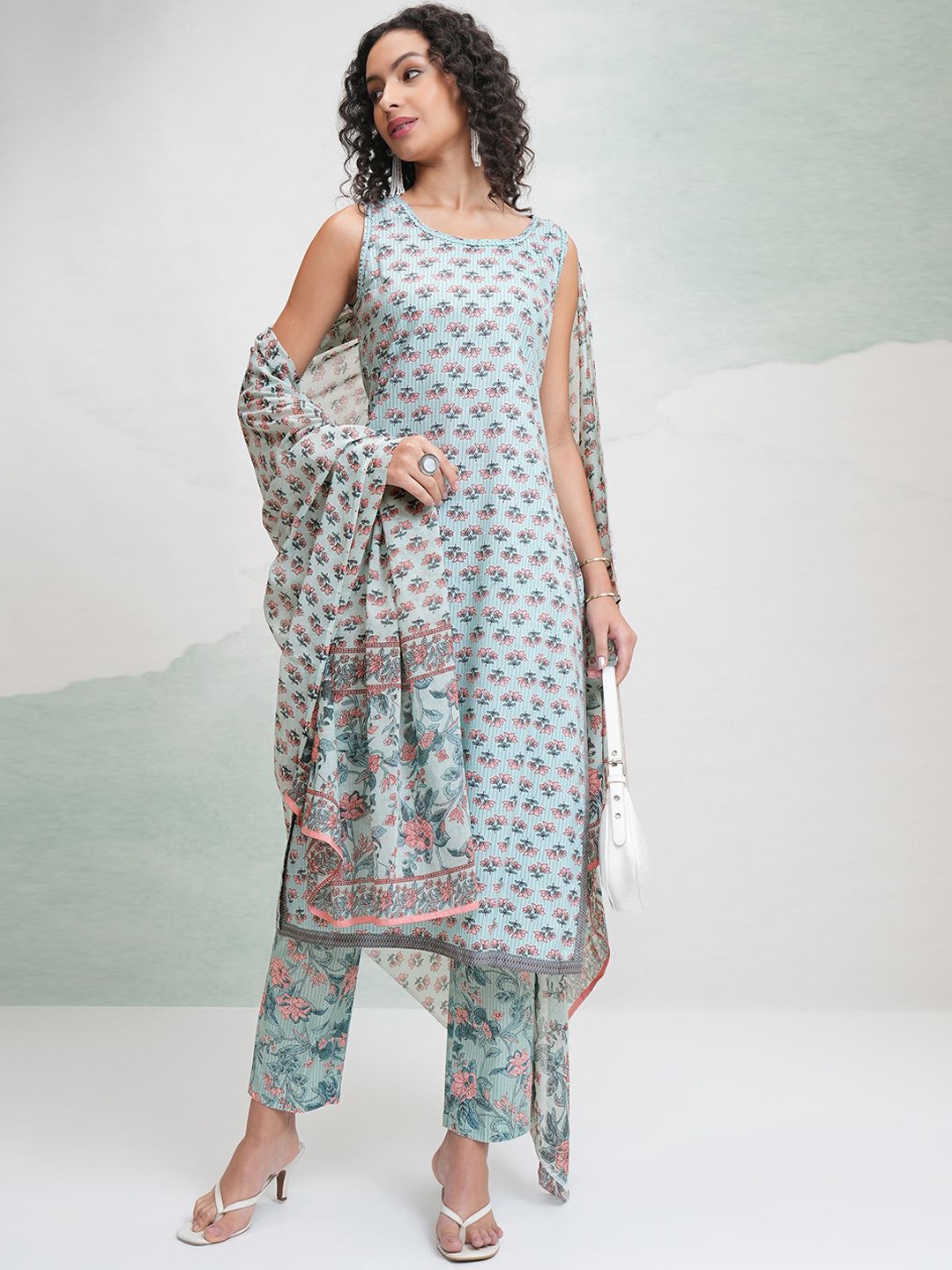 

Vishudh Blue Floral Printed Pure Cotton Straight Kurta with Trousers & With Dupatta