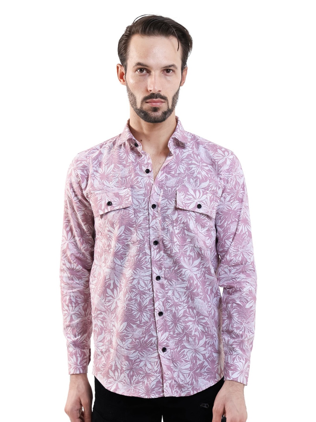

BOTABOCHI Men Classic Spread Collar Floral Printed Cotton Slim Fit Casual Shirt, Peach