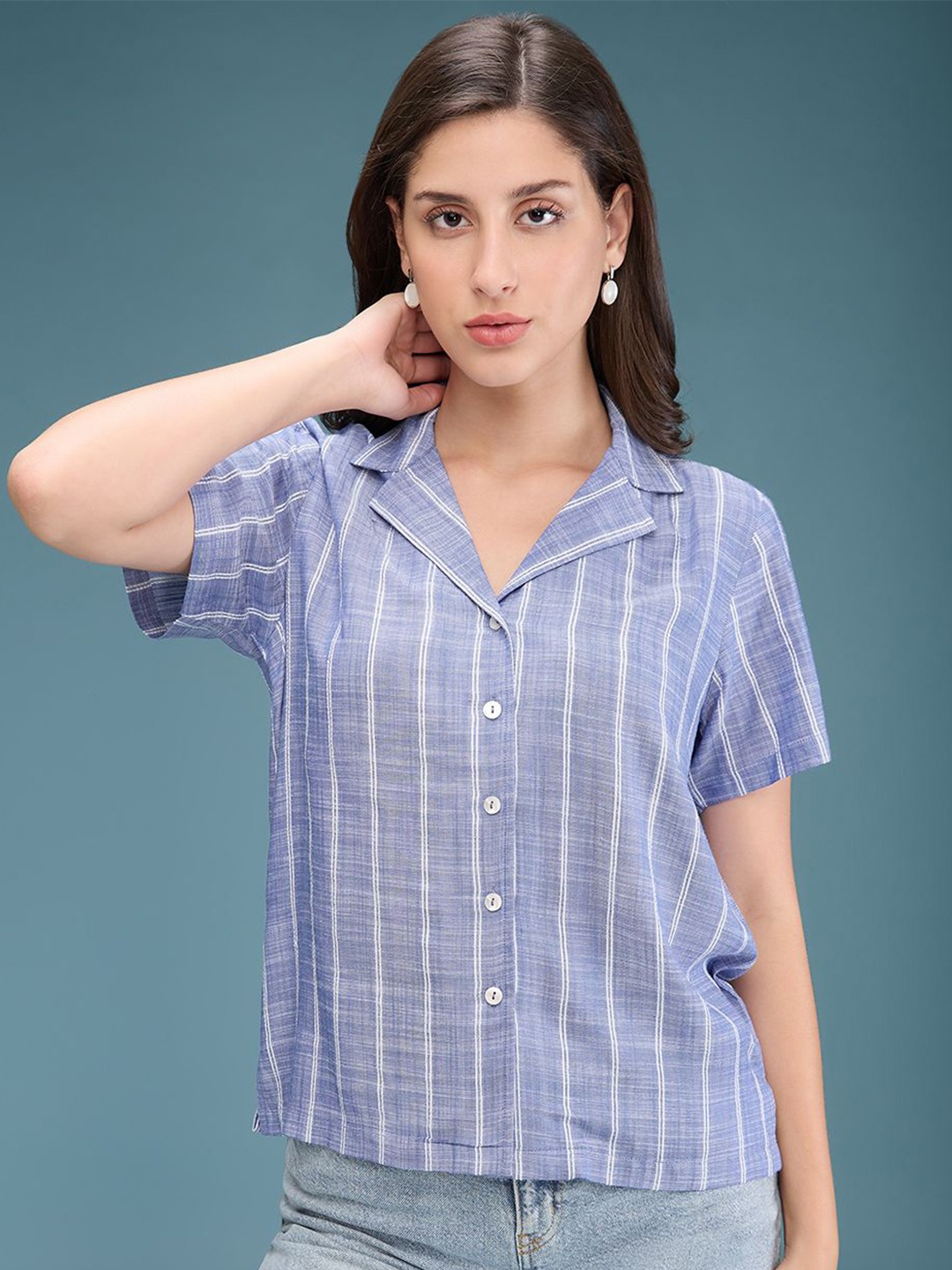 

DressBerry Women Modern Cuban Collar Vertical Striped Cotton Casual Shirt, Blue