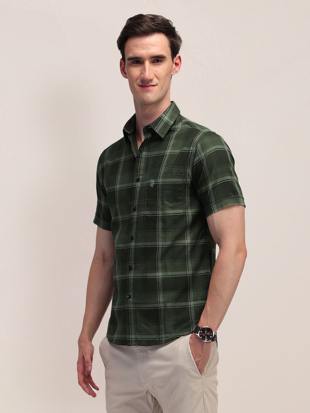 

U.S. Polo Assn. Men Classic Spread Collar Checked Cotton Casual Shirt, Olive